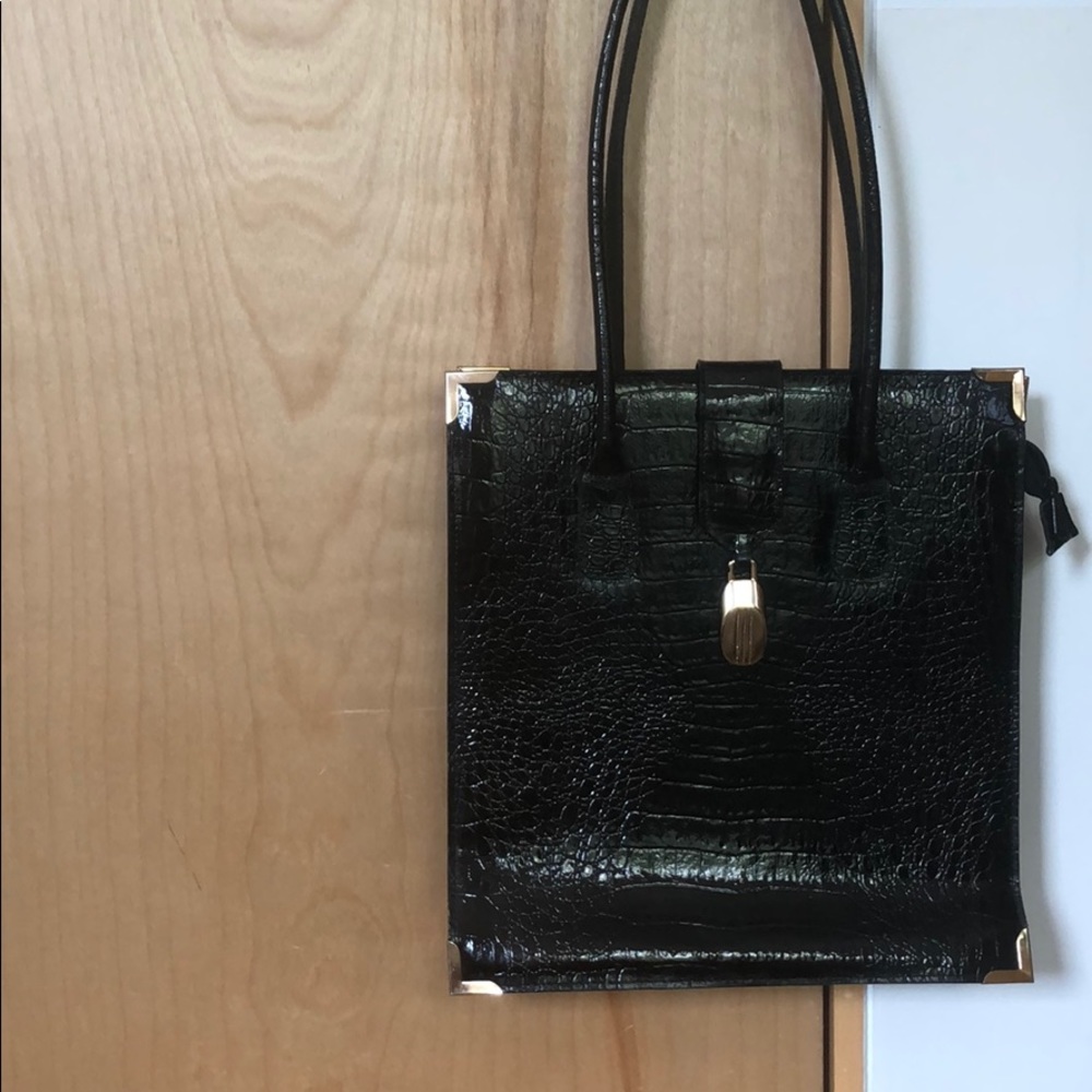 VINTAGE - black croc embossed leather handbag